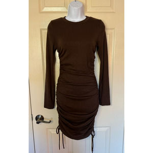 Hey Babe Long Sleeve Ruched Brown Dress